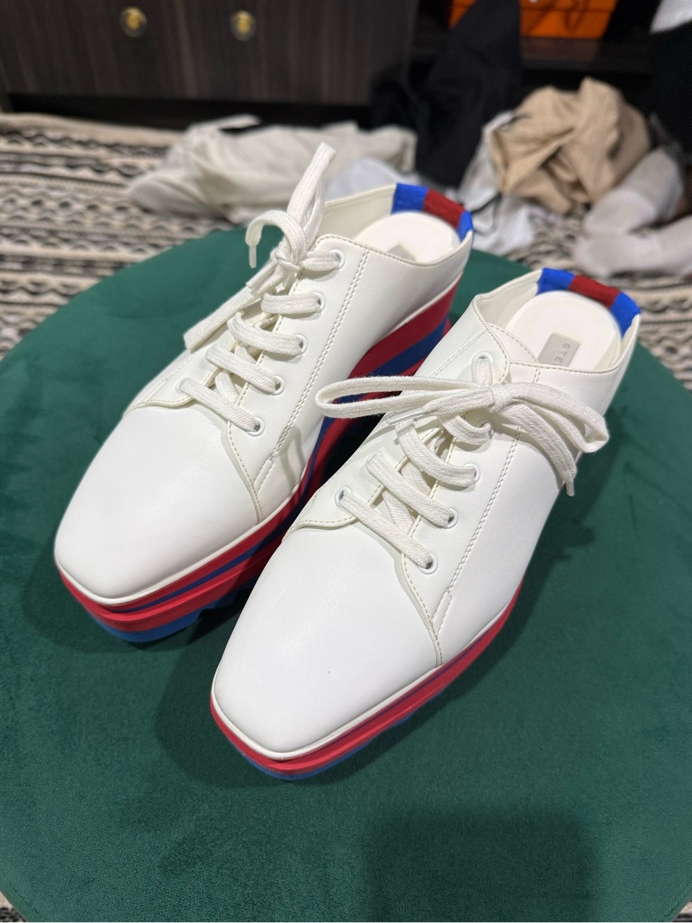 Stella McCartney White Platform Sneakers with Red & Blue Stripes